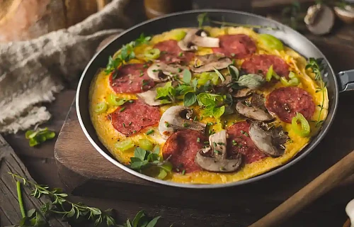 Omletas su dešra ir pievagrybiais