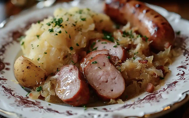 Troškinti rauginti kopūstai su rūkytomis dešrelėmis