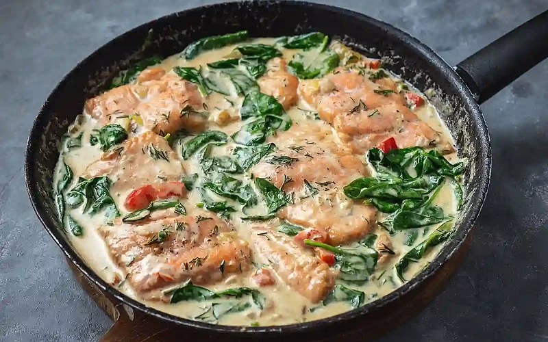 Lašiša su špinatų ir pomidorų padažu